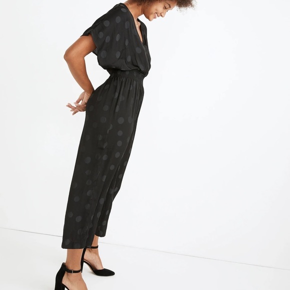 EUC Madewell Black Polka Dot Wrap Front Smock Waist Jumpsuit - Small - Picture 1 of 13